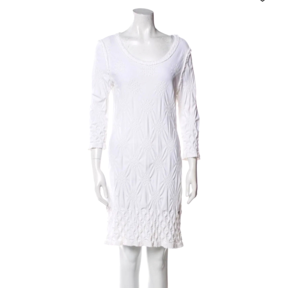 Chanel White Ivory Tent Dress Cruise Camellia Flower Lasercut CC Logo Sz.44